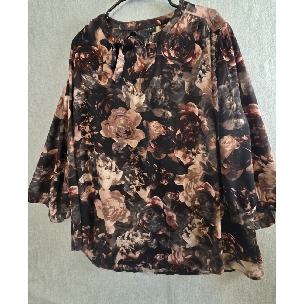 Torrid 3X Top Shirt Blouse Tunic Black Brown Dusty Rose Print Relaxed Whimsigoth